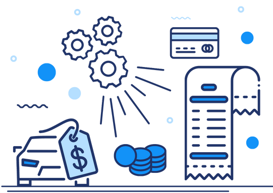 graphic icons of receipt, card, car, gears, and coins representing an auto merchant account