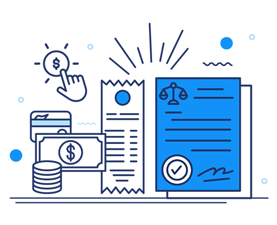 graphic of receipt, merchant agreement, & money representing bail bonds merchant services