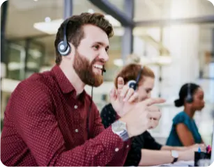 Authorize.net customer service representative talking to customer on the phone