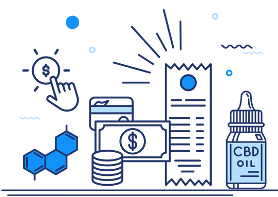 graphic of money, cbd oil, receipt, and card representing cbd processing