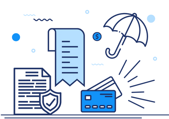 graphic of receipt, cards, umbrella, and insurance policy