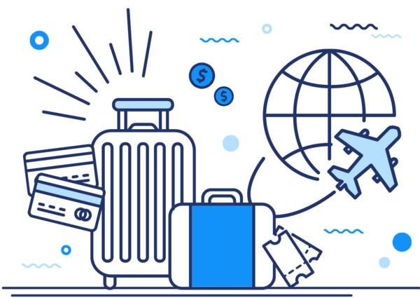 luggage, plane, globe, and credit cards representing travel agency merchant account